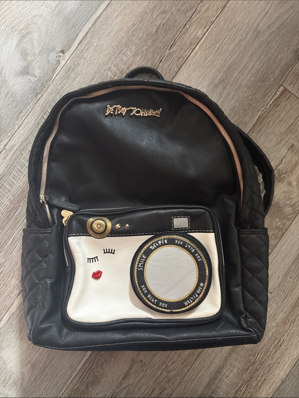 Betsey Johnson Black Backpack with White Camera Front Accent & Gold Hardware